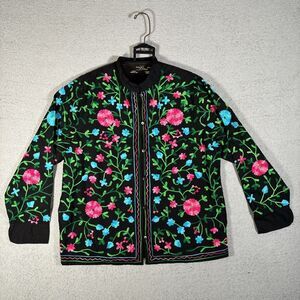 Vintage National Blouse Full Button Floral Embroidery‎ Black Size Large Colorful